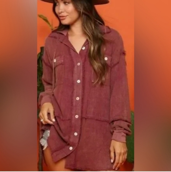 Fantastic Fawn Button Up Hooded Jacket Lightwight Size Small Oversized Rust red - Picture 2 of 13